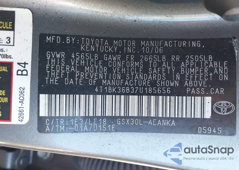 2007 Toyota Avalon Touring from USA, damaged, VIN 4T1BK36B37U185656